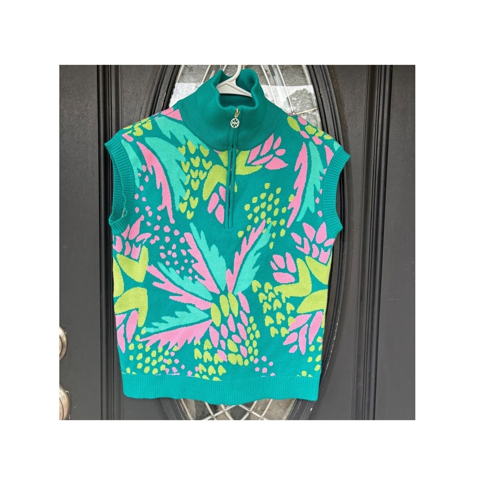 Mary Square Womens XS Teal Pink Tropical Leaf Quarter Zip Knit Sweater Vest Top‎